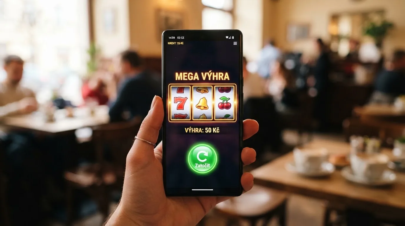 Detail automatu na obrazovce mobilu s ukazatelem kreditu 25 Kč a tlačítkem „Zatočit“ za minimální sázku