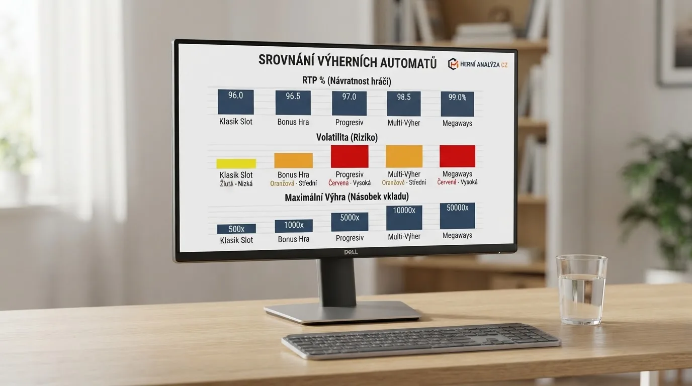 Srovnávací tabulka několika online automatů s vyznačenými hodnotami RTP, volatility a maximální výhry