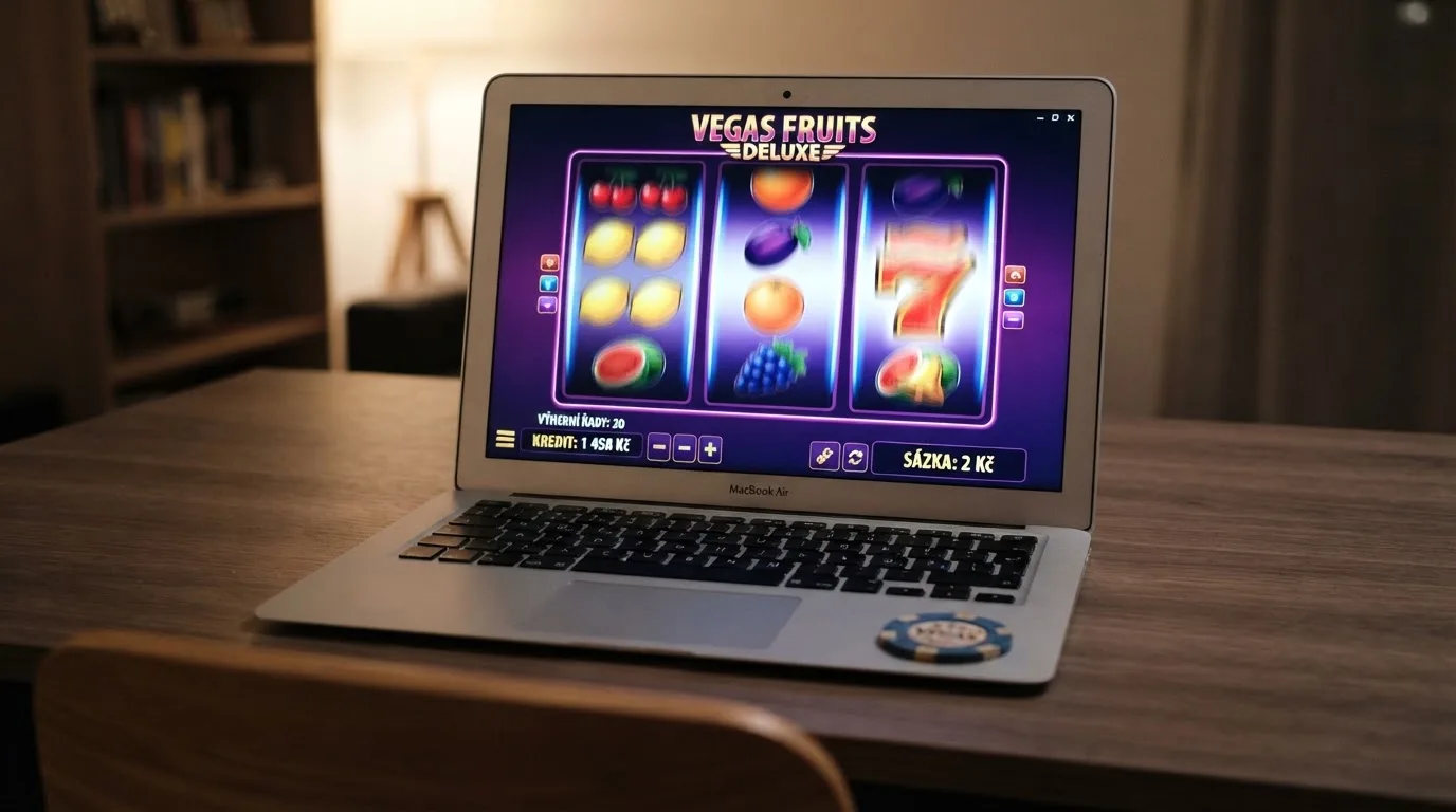 Roztočený online automat s nízkou sázkou na obrazovce notebooku
