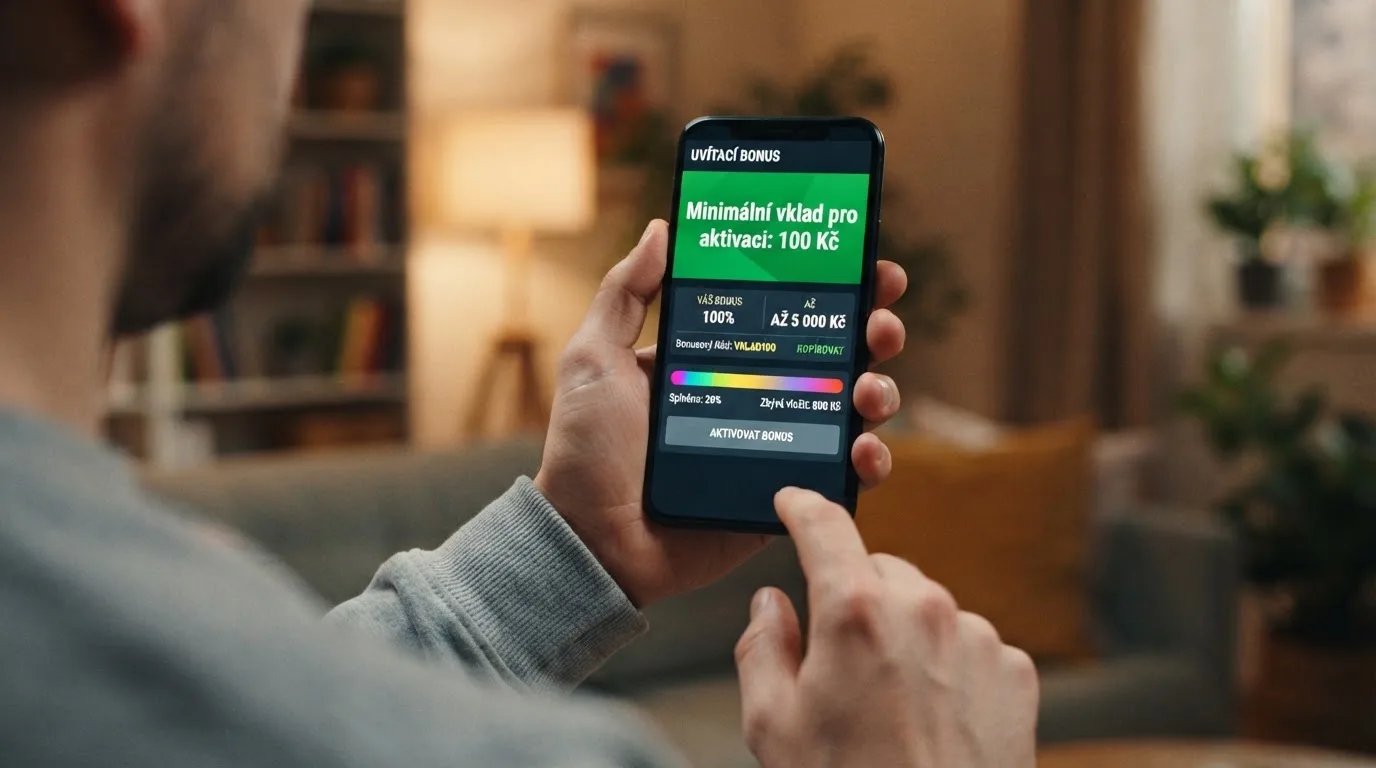 Detail mobilního telefonu s otevřenou stránkou uvítacího bonusu a ukazatelem „Minimální vklad pro aktivaci: 100 Kč“