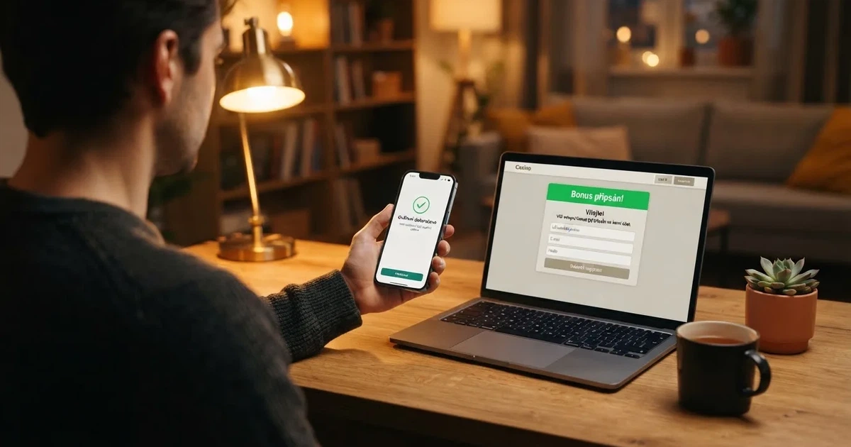 Hráč sedí u notebooku a na obrazovce mobilního telefonu dokončuje ověření totožnosti přes BankID, vedle je otevřená registrační stránka online casina s nápisem „Bonus připsán“