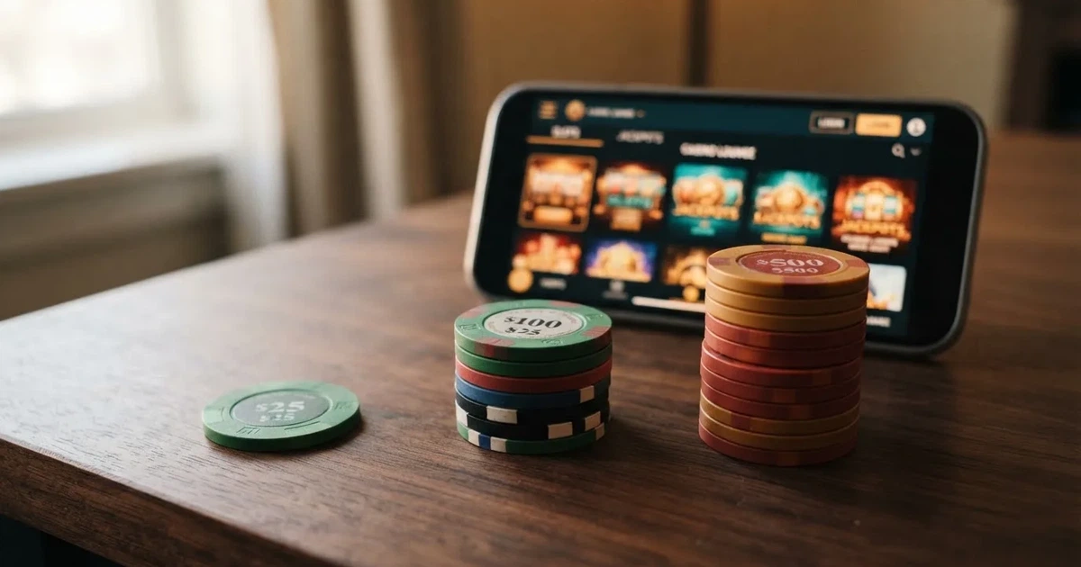 Tři hromádky českých mincí — 25 Kč, 125 Kč a 250 Kč — vedle sebe na stole s mobilem zobrazujícím casino lobby v pozadí