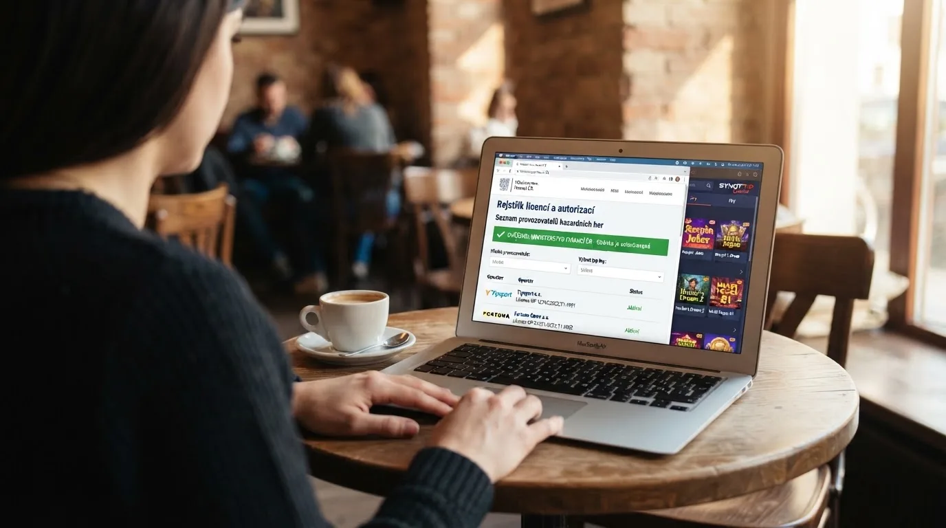 Úřední dokument s logem Ministerstva financí ČR ležící vedle otevřeného online casina na monitoru