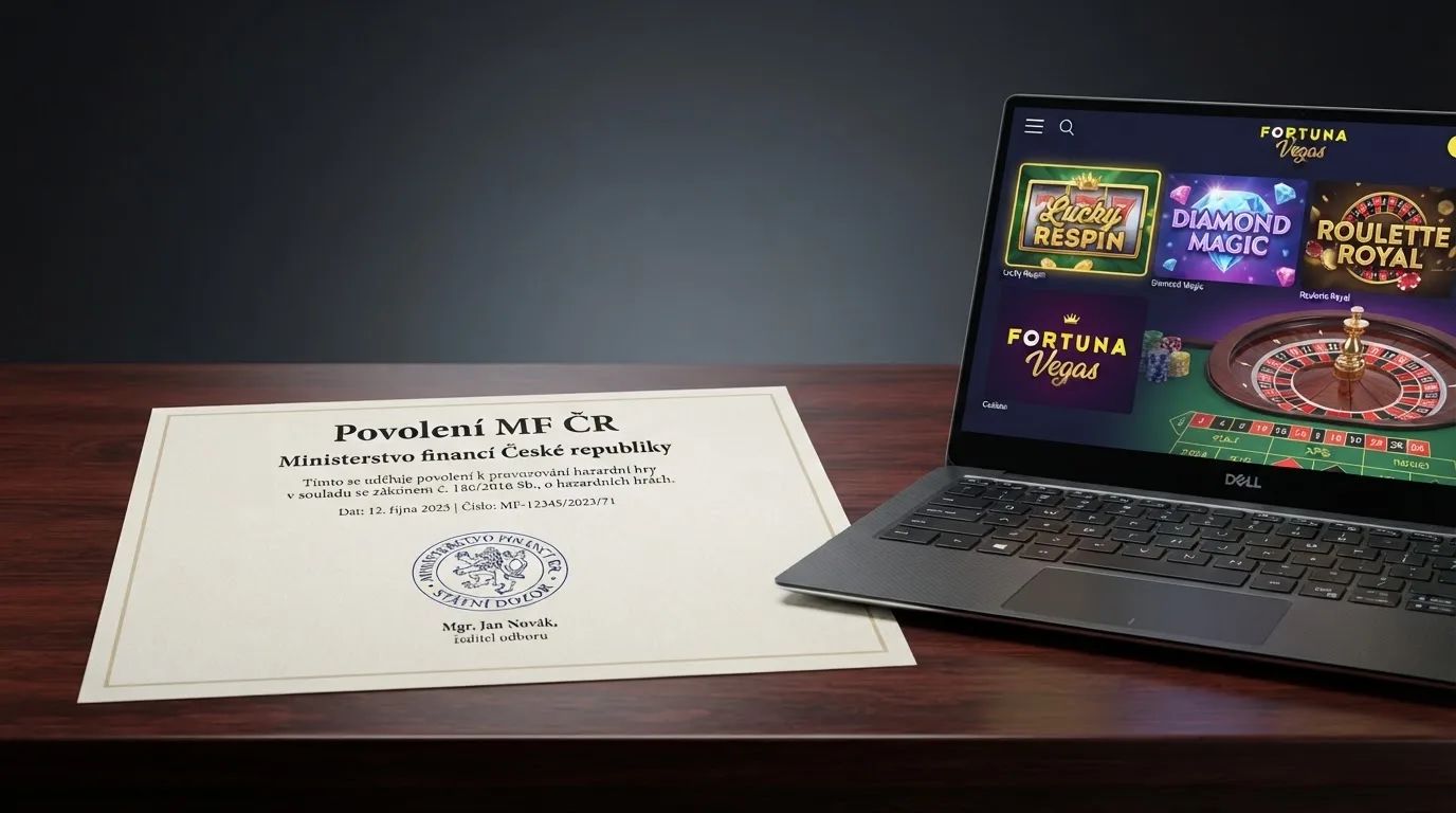 Úřední dokument s razítkem Ministerstva financí ČR vedle obrazovky s logem online casina