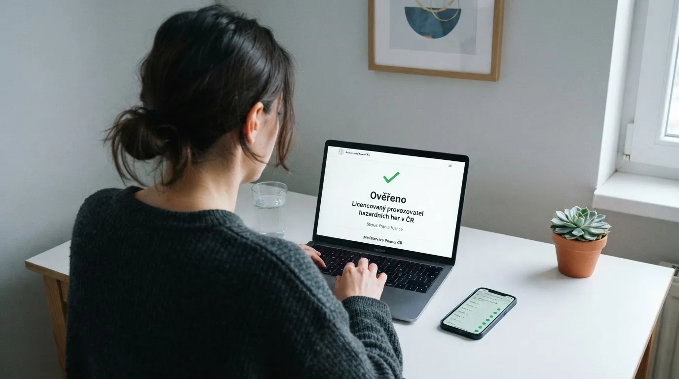 Detail úřední listiny základního povolení MF ČR s razítkem, vedle ní mobil s otevřeným Seznamem provozovatelů ZHH