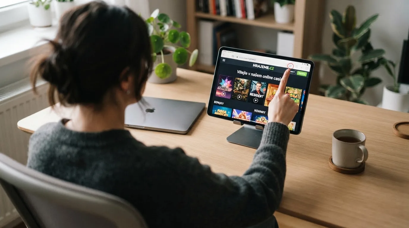 Úřední dokument s hlavičkou Ministerstva financí ČR a tablet zobrazující domovskou stránku licencovaného online casina na doméně .cz.
