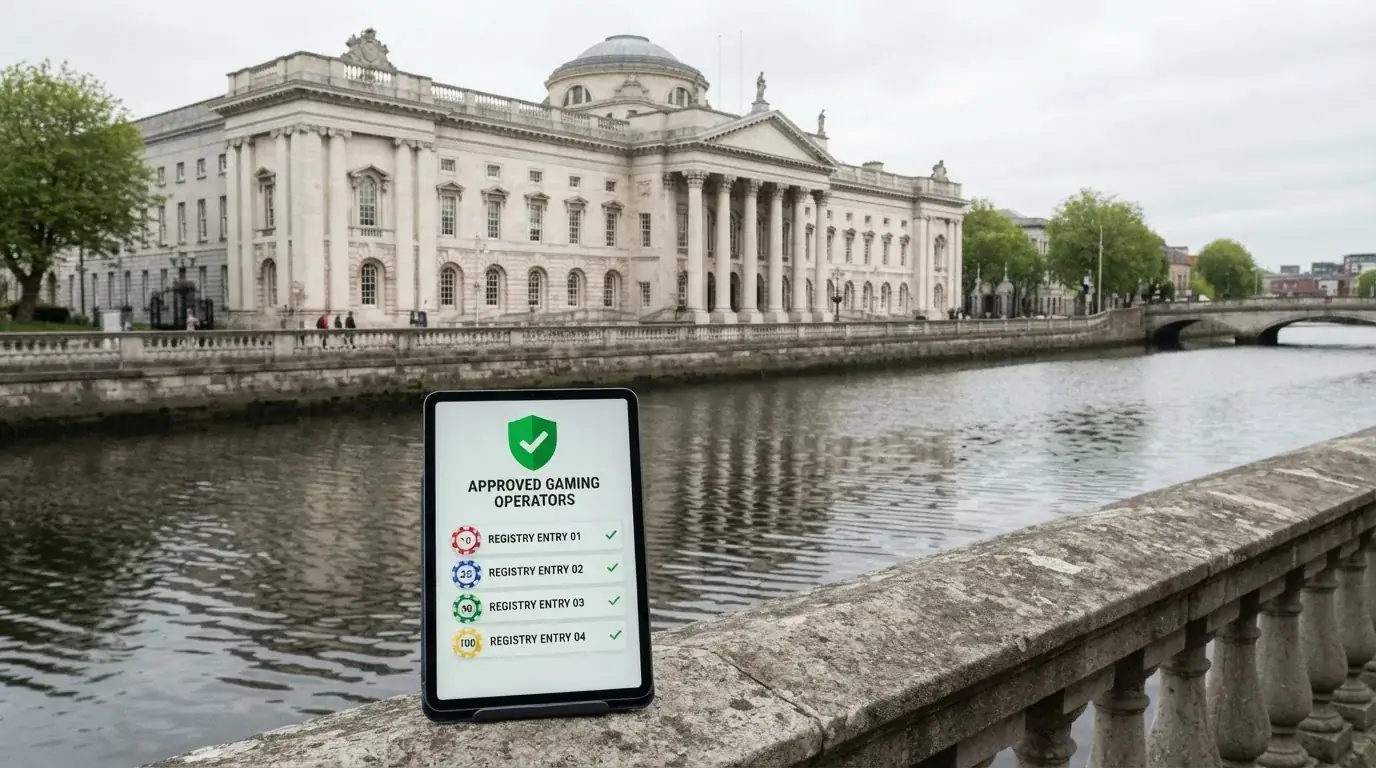 Budova Ministerstva financí České republiky na nábřeží, před ní tablet s logy licencovaných online casin.