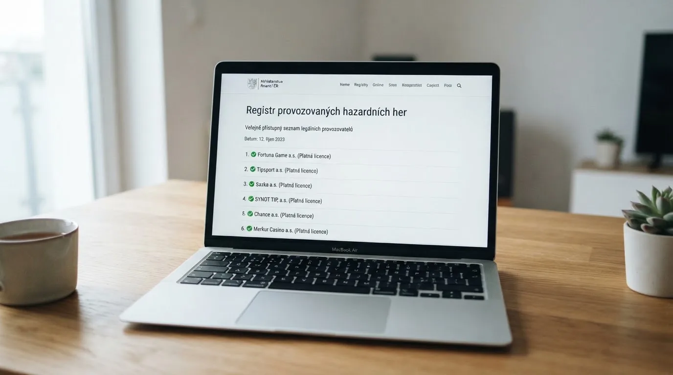 Úřední výřez z veřejného registru Ministerstva financí ČR s logy licencovaných online kasin a razítkem státního dozoru