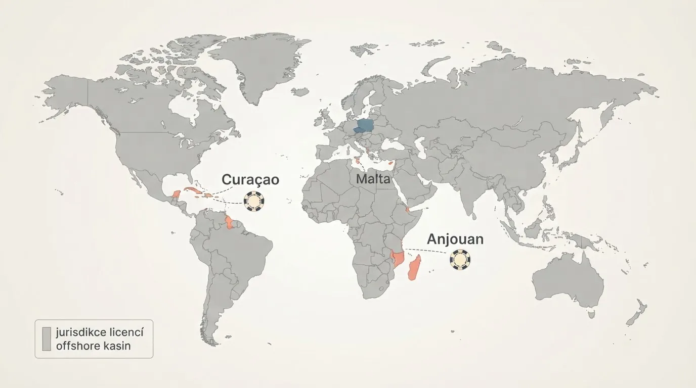 Mapa znázorňující jurisdikce licencí — Curaçao, Anjouan, Malta — s vyznačením České republiky mimo dosah každé z nich