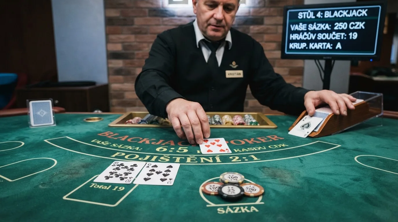 Detailní pohled na blackjackový stůl s krupiérem při rozdávání karet a zobrazením sázek na monitoru