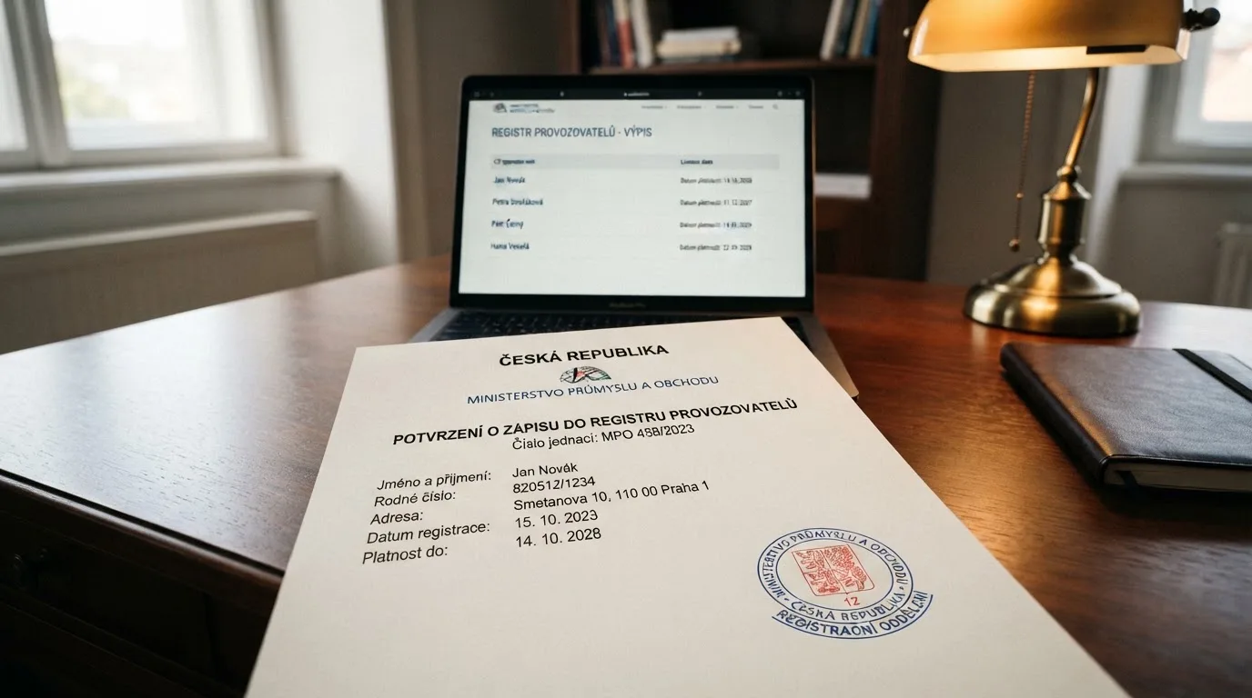 Úřední dokument s razítkem Ministerstva financí ČR, v pozadí obrazovka se seznamem licencovaných provozovatelů hazardních her