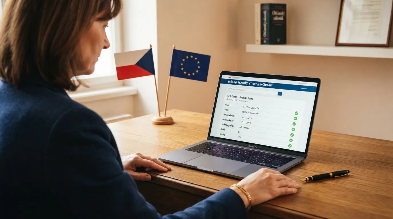 Česká úřední listina nebo výřez z veřejného registru MF ČR na monitoru, v pozadí vlajka EU a ČR