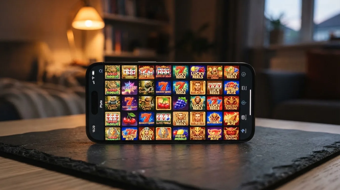 Displej telefonu s barevnými ikonami automatů od českých poskytovatelů — viditelné tituly od Synot, Apollo Games a Kajot