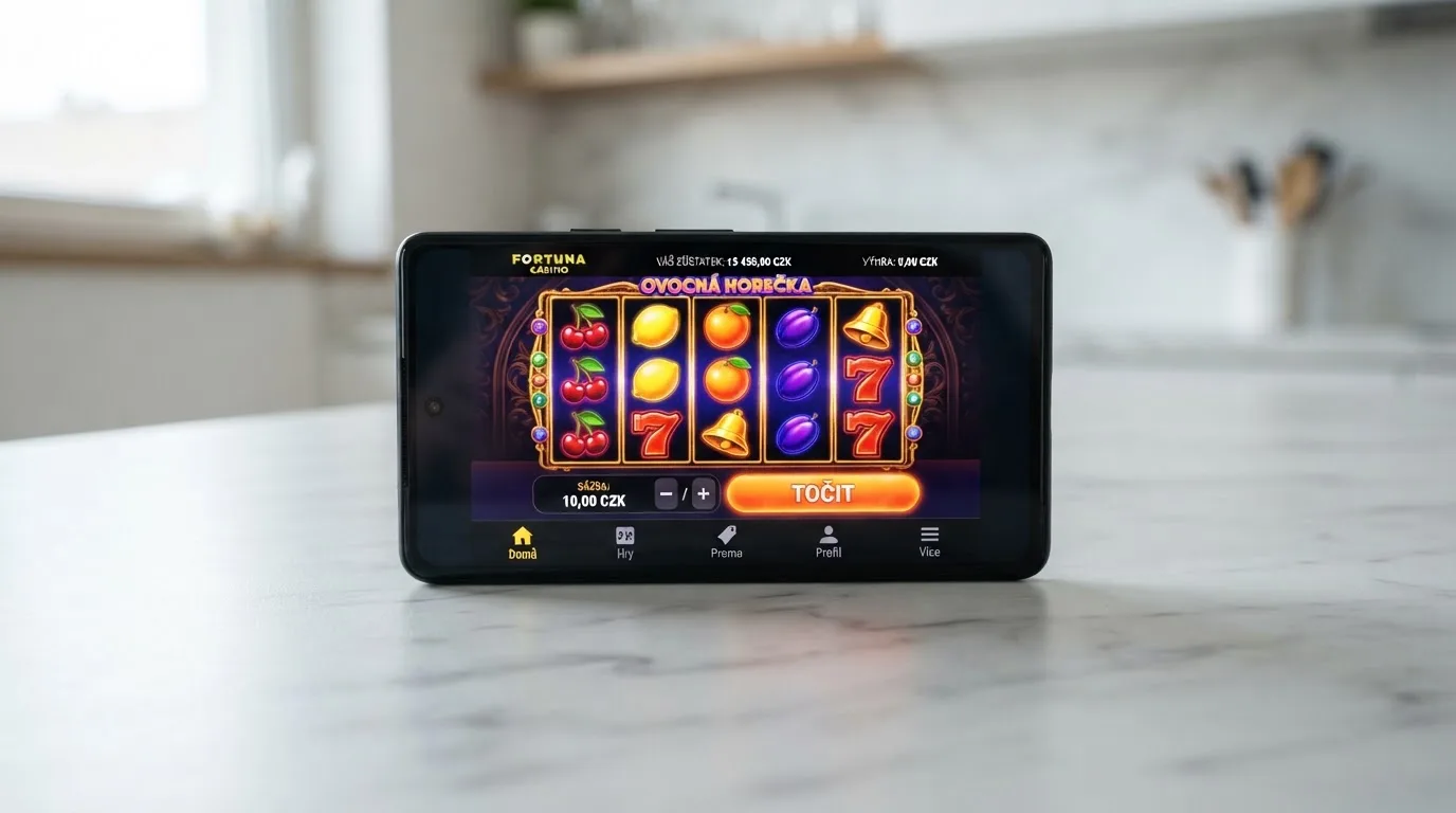 Mobilní telefon s otevřenou nativní casino aplikací zobrazující výherní automat na domovské obrazovce