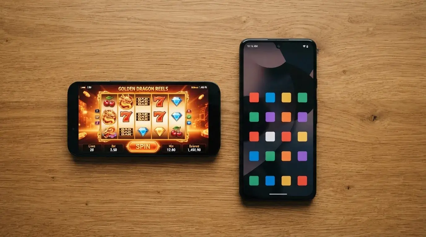 Mobilní telefon zobrazený na šířku s otevřenou casino hrou, vedle něj ikony aplikací Tipsport a Fortuna na domovské obrazovce