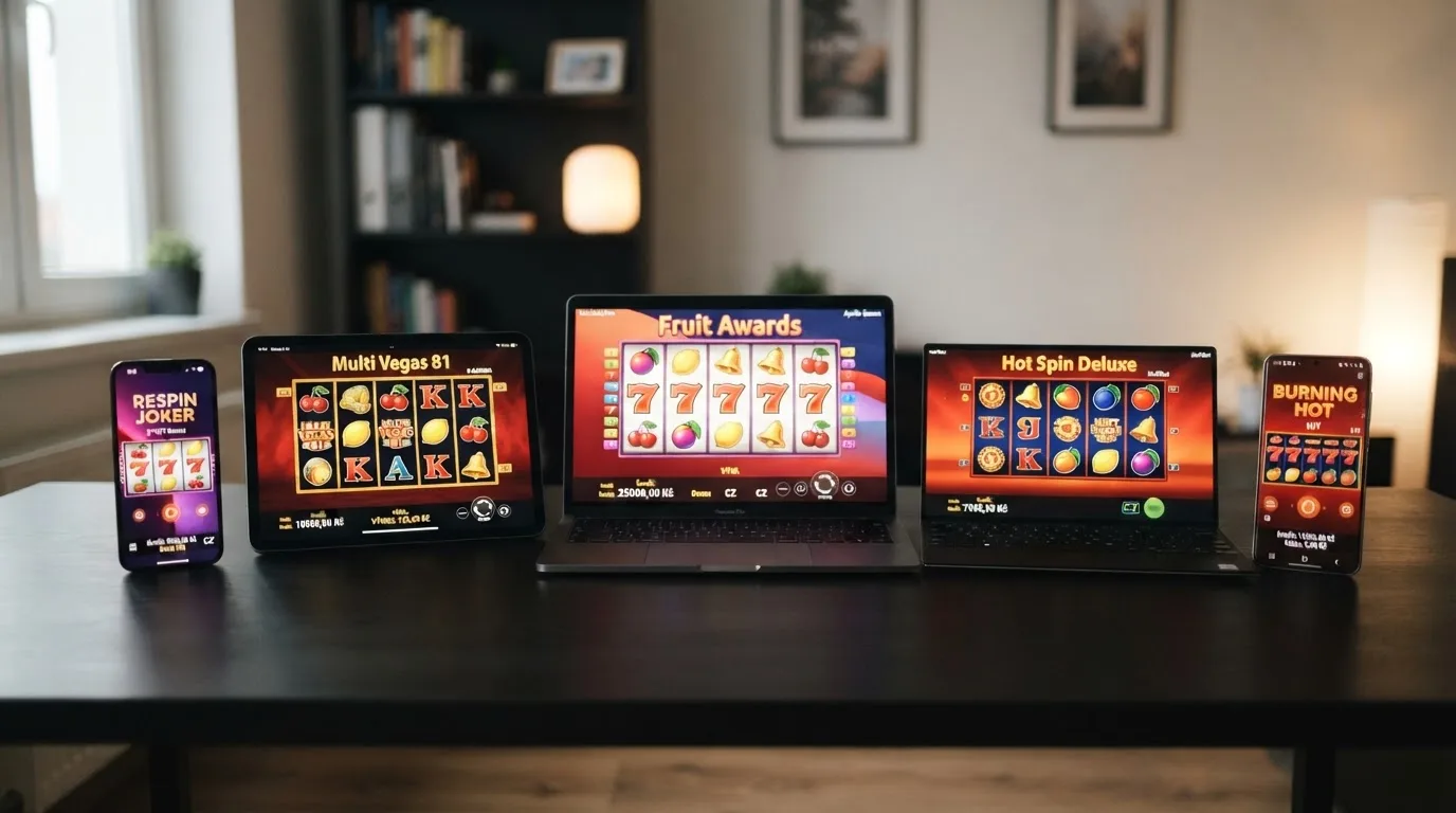 Koláž obrazovek pěti klasických automatů v demo režimu — Sizzling Hot, Respin Joker, Multi Vegas 81, Firebird 27 a 81 Famous Multifruits — s viditelným virtuálním kreditem v českých korunách