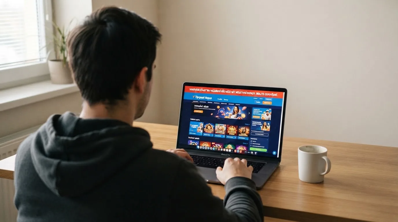 Úřední dokument s hlavičkou Ministerstva financí ČR a razítkem vedle monitoru zobrazujícího casino web s upozorněním „Provozovatel není držitelem české licence“