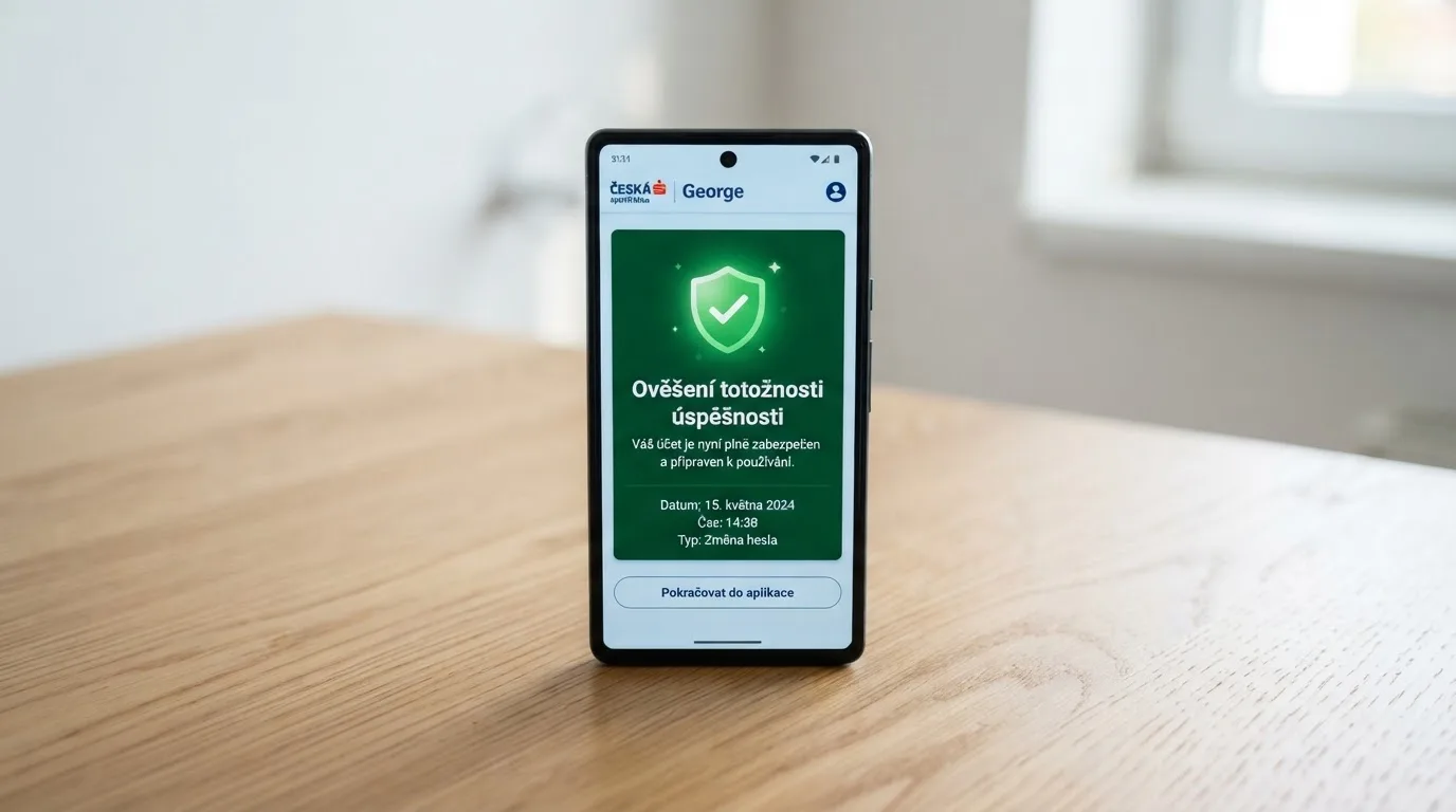 Displej mobilního telefonu s otevřenou aplikací internetového bankovnictví zobrazující potvrzení úspěšného ověření totožnosti přes BankID