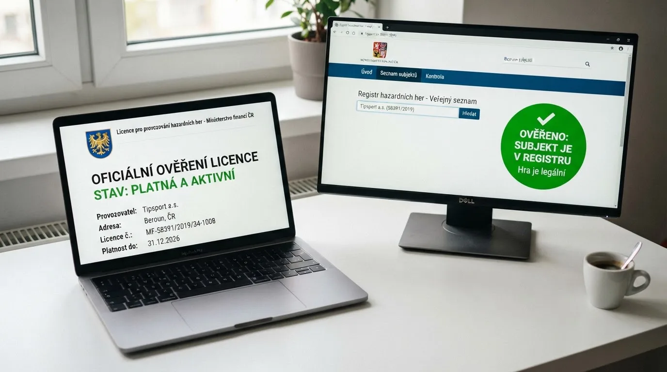 Detail registrační značky MGA licence na webu casina s číslem licence a vedle otevřený oficiální registr na obrazovce