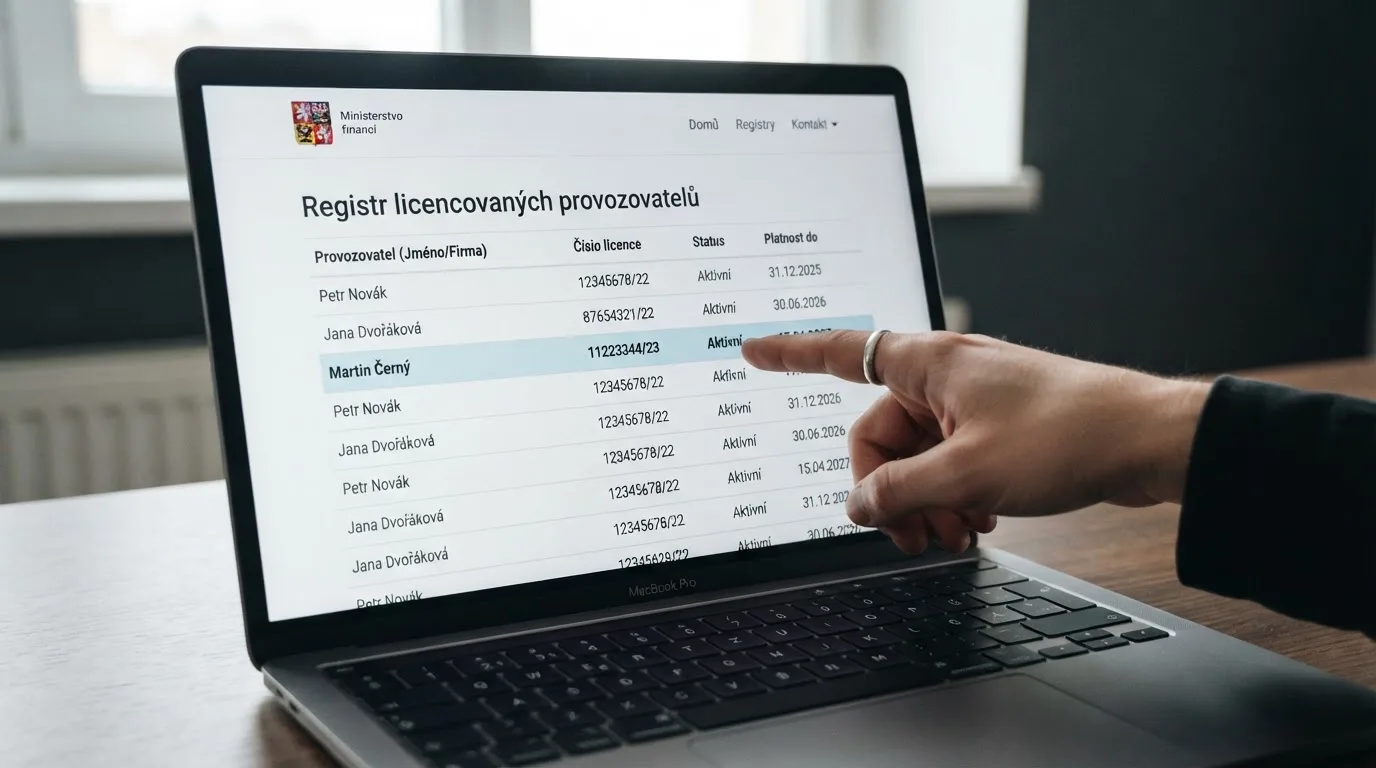 Detail obrazovky s webovou stránkou Ministerstva financí ČR — kurzor najíždí na položku v seznamu držitelů povolení k provozování hazardních her