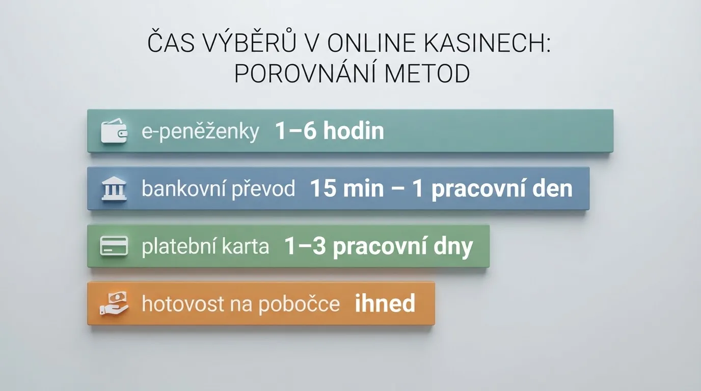 Infografika porovnávající platební metody podle typické doby výběru — e-peněženky, karta, bankovní převod, hotovost na pobočce