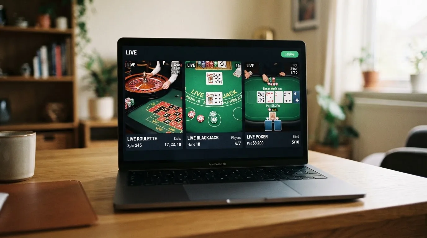 Rozhraní živého kasina s nabídkou stolů — ruleta, blackjack a poker vedle sebe