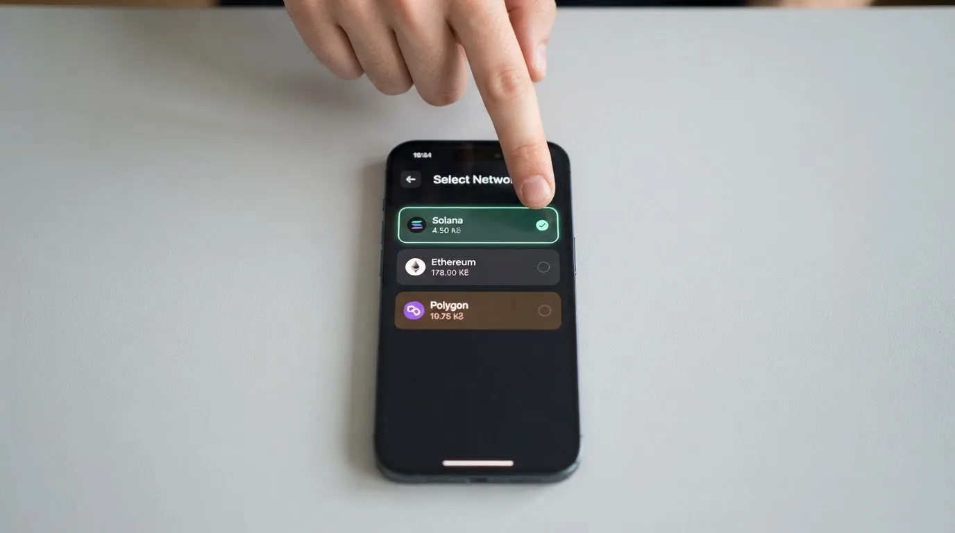 Tři vedle sebe položené kryptoměnové peněženky na displeji telefonu, každá s jinou sítí USDT — TRC-20, ERC-20 a BEP-20 — a viditelnou výší poplatku