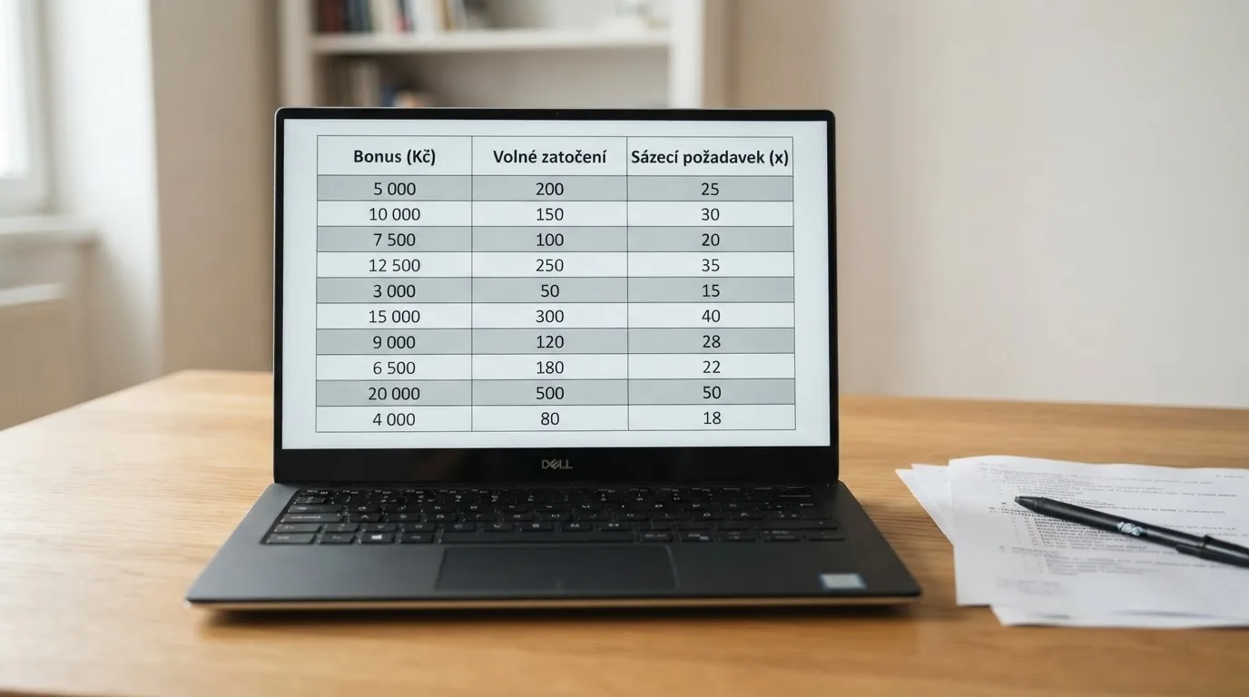 Srovnávací tabulka deseti online casin na displeji — vedle sebe leží bonusové částky, počty free spinů a podmínky protočení