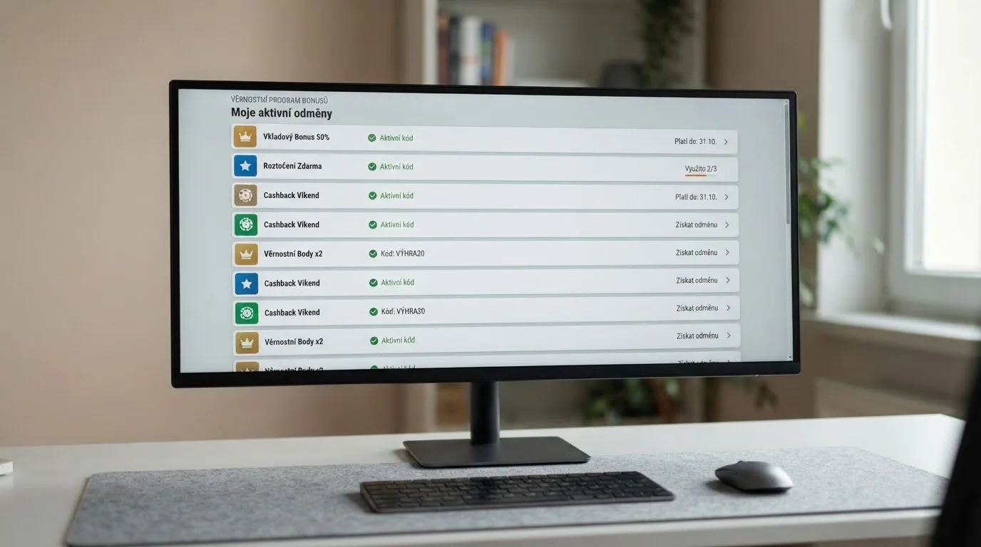 Srovnávací přehled online casin s vyznačenou nabídkou promo kódů pro stávající hráče na obrazovce monitoru