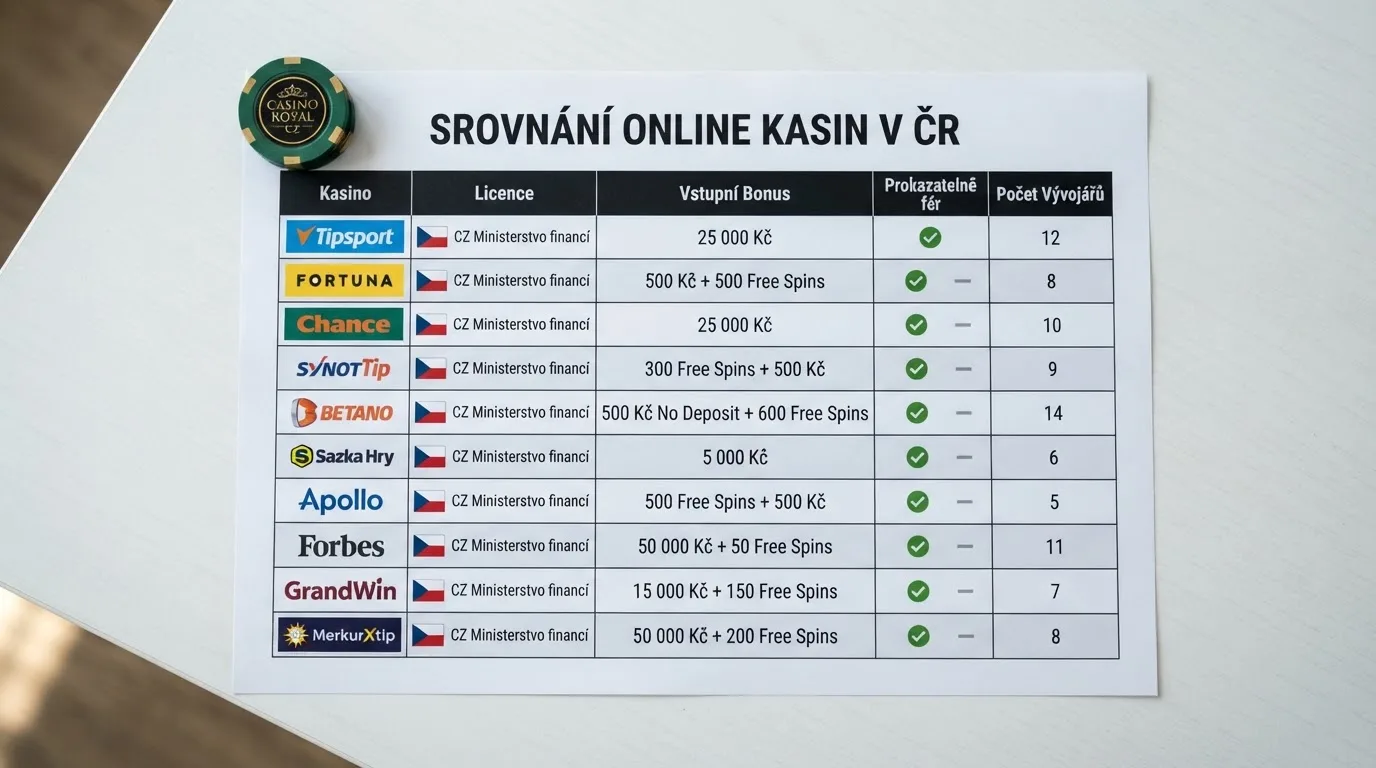 Srovnávací tabulka deseti krypto kasin s údaji o licenci, uvítacím bonusu a počtu poskytovatelů her