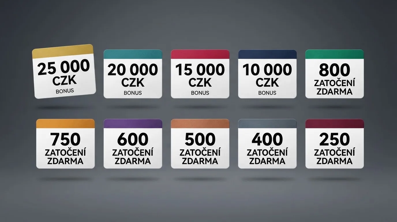 Přehledová vizualizace deseti karet legálních českých casin s jejich registračními bonusy seřazenými podle hodnoty