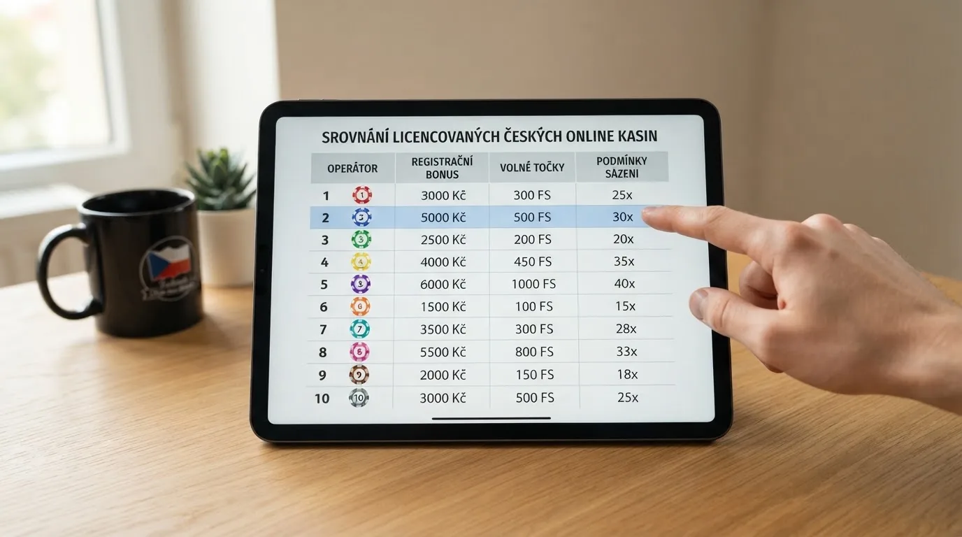 Srovnávací tabulka s logy českých licencovaných online casin a jejich registračními bonusy