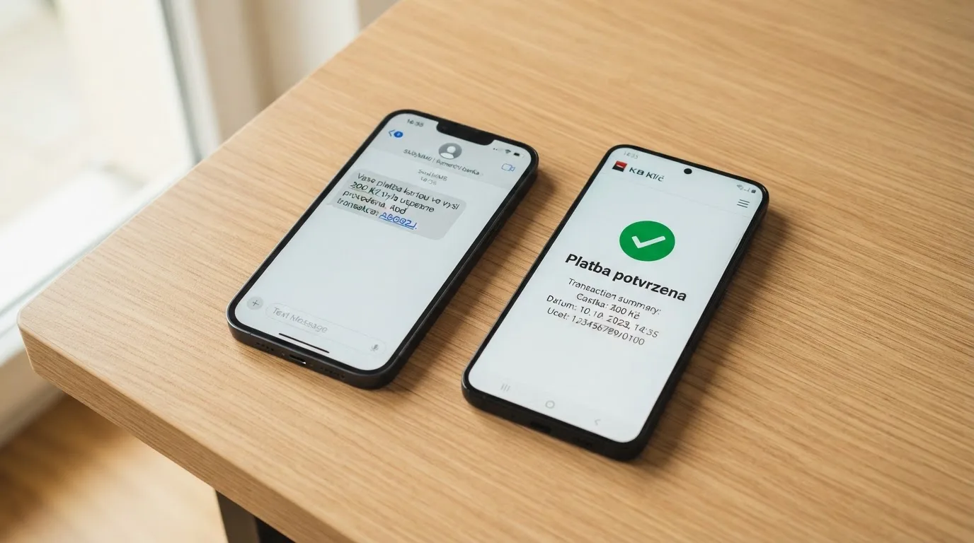 Dvě obrazovky vedle sebe — vlevo mobilní telefon s odeslanou SMS na číslo 90211, vpravo aplikace NeteraPay s potvrzením platby