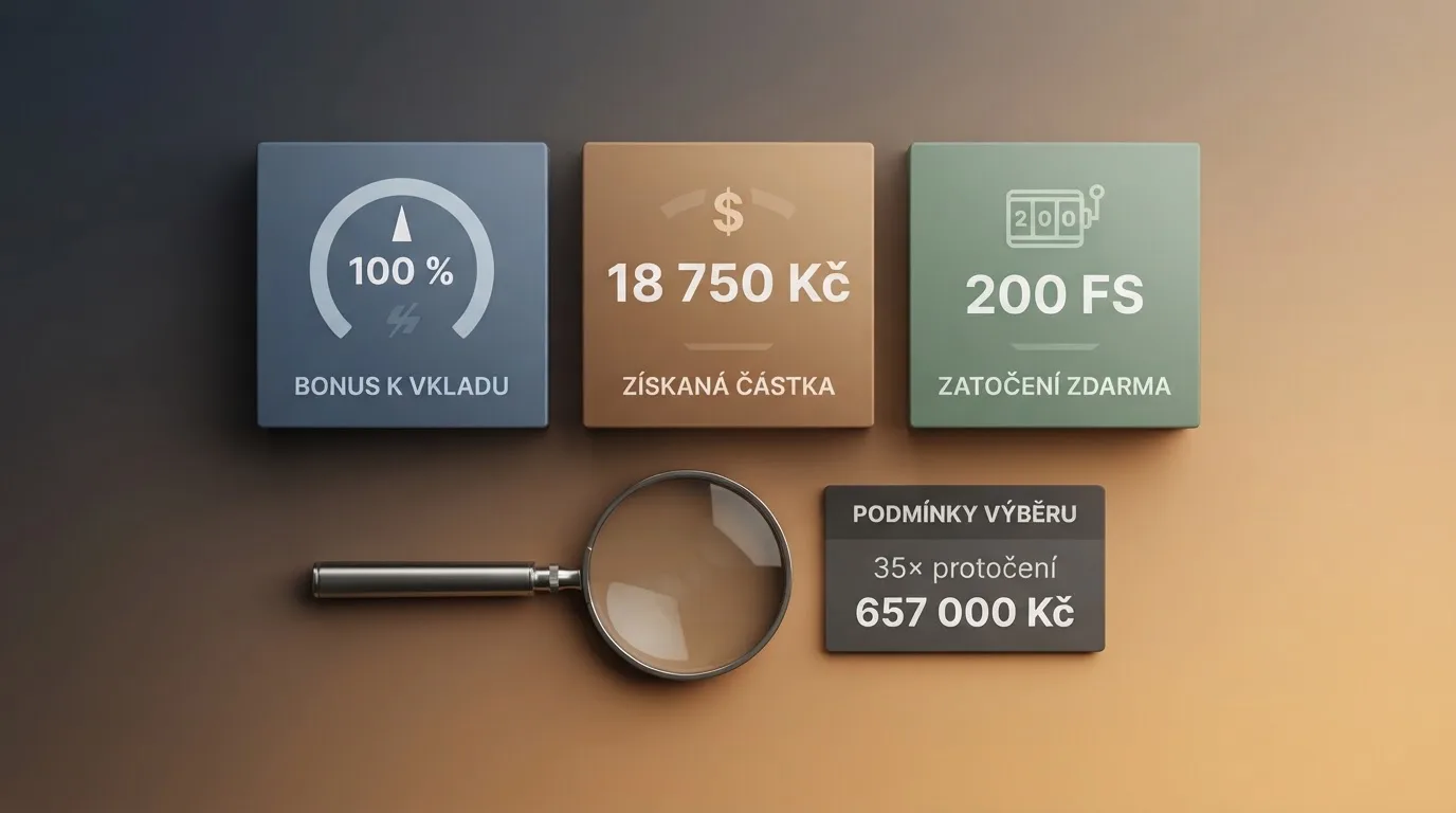 Infografika rozkládající uvítací bonus — procenta, částka v Kč, počet FS a lupa nad podmínkami protočení