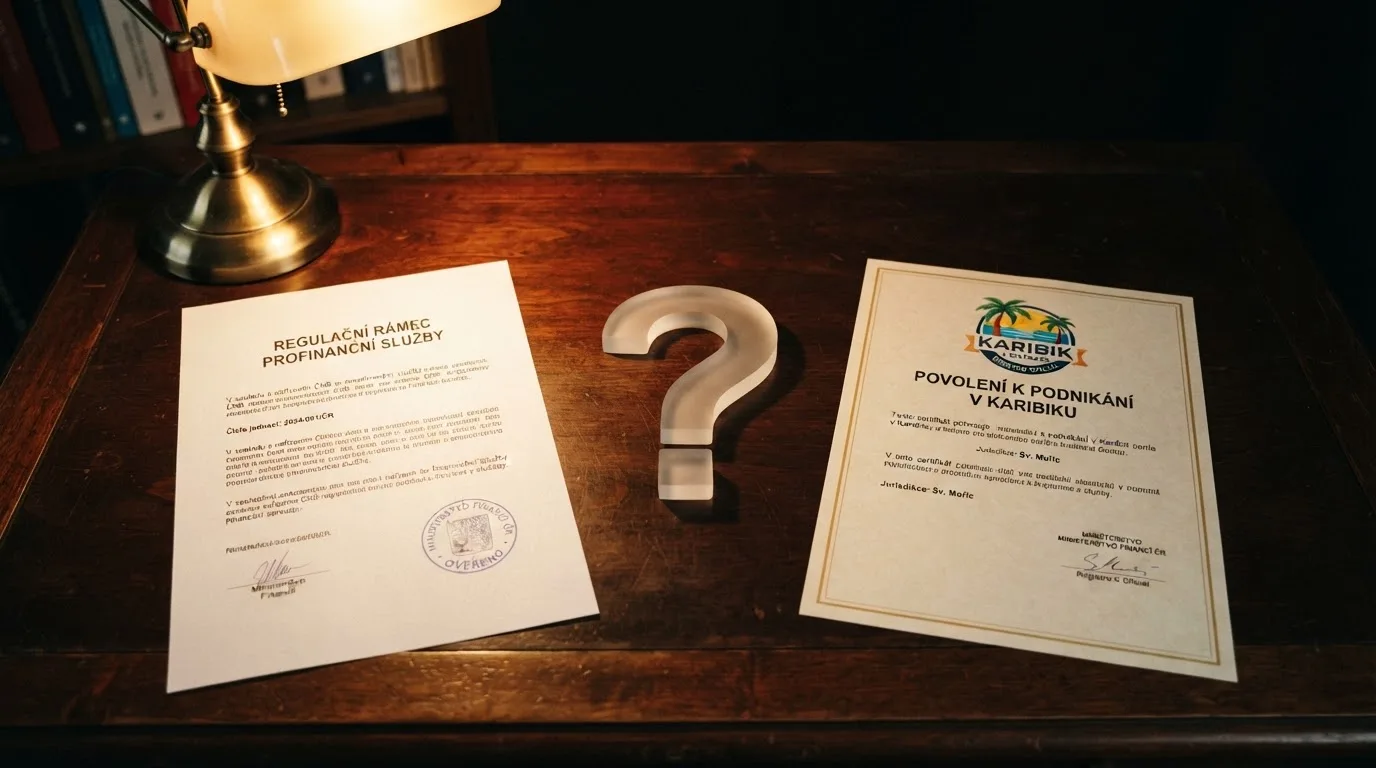 Symbolické zobrazení právní šedé zóny — úřední dokument s razítkem MF ČR na jedné straně, Curaçao certifikát na straně druhé, mezi nimi otazník