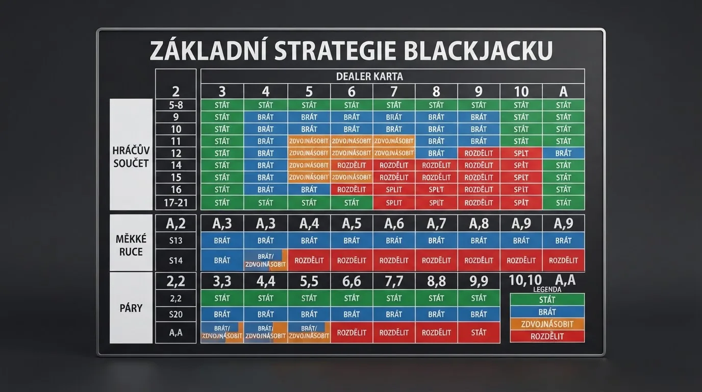 Tabulka základní strategie blackjacku s barevně odlišenými akcemi pro každou kombinaci hráčovy a dealerovy karty